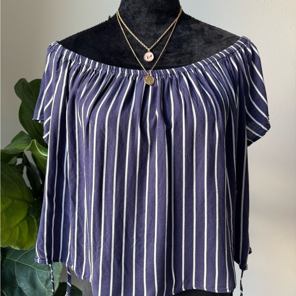 H&M Tops - H&M Navy and White Striped Off-Shoulder Blouse